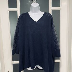 Chic Navy V-Neck Sweater with Embellished Sleeves